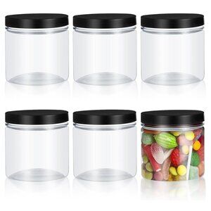 6 Pack 15oz Round Plastic Jars w Black Lids EUC